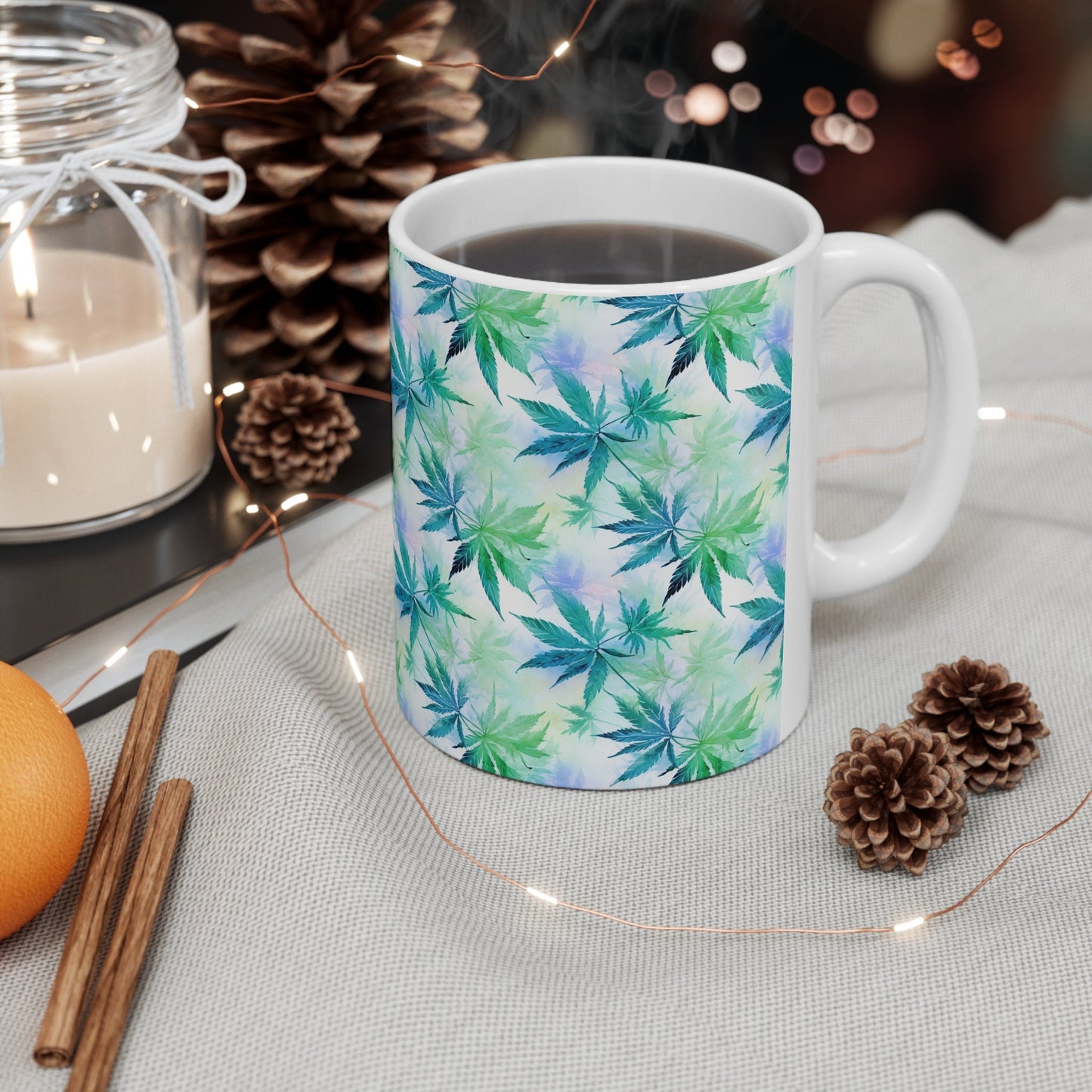 Watercolor Cannabis Plant Ceramic Mug 11oz for Your Nature-Loving Friends, Making This Coffee and Tea Mug a Thoughtful Gift.