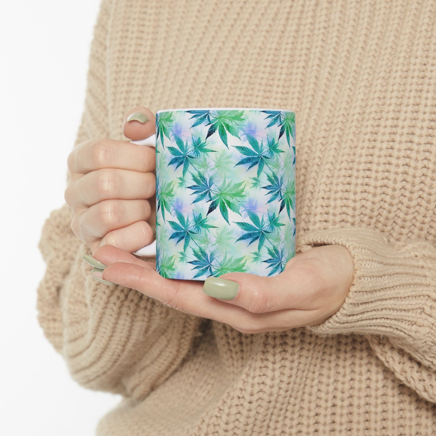 Watercolor Cannabis Plant Ceramic Mug 11oz for Your Nature-Loving Friends, Making This Coffee and Tea Mug a Thoughtful Gift.