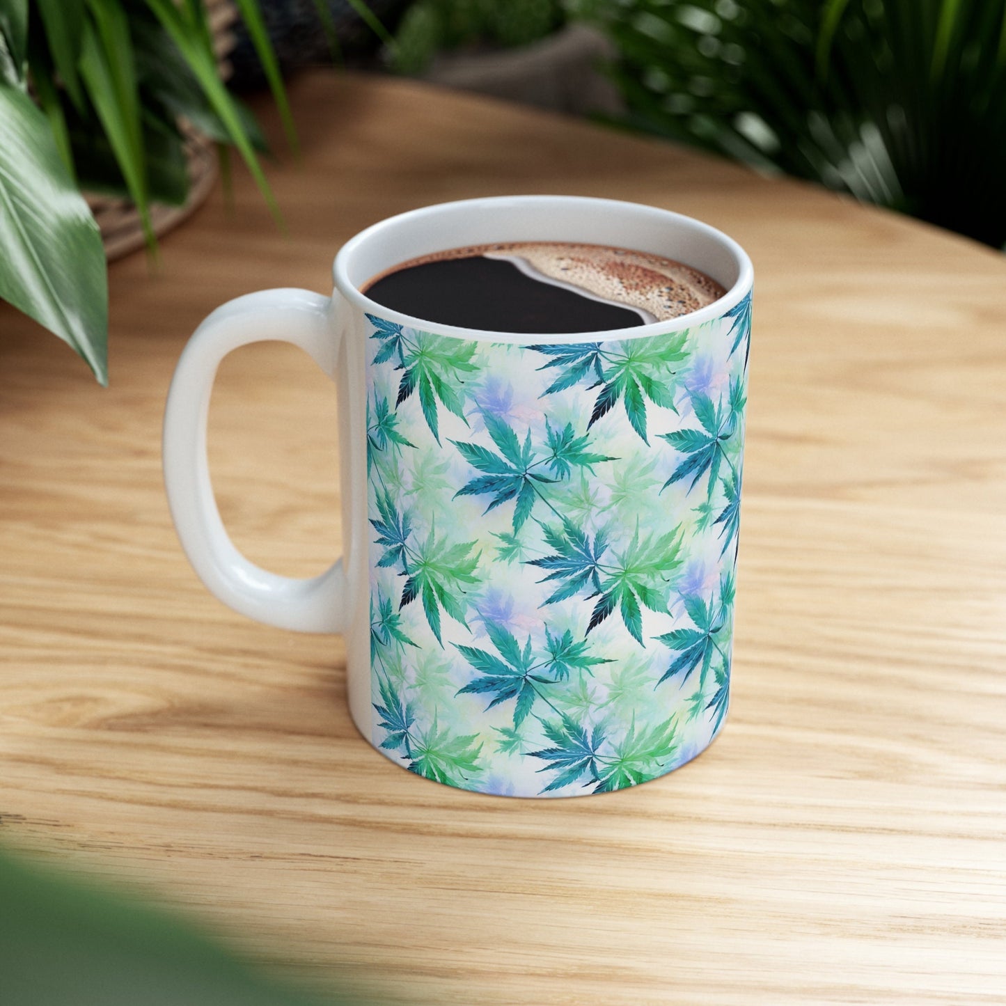 Watercolor Cannabis Plant Ceramic Mug 11oz for Your Nature-Loving Friends, Making This Coffee and Tea Mug a Thoughtful Gift.